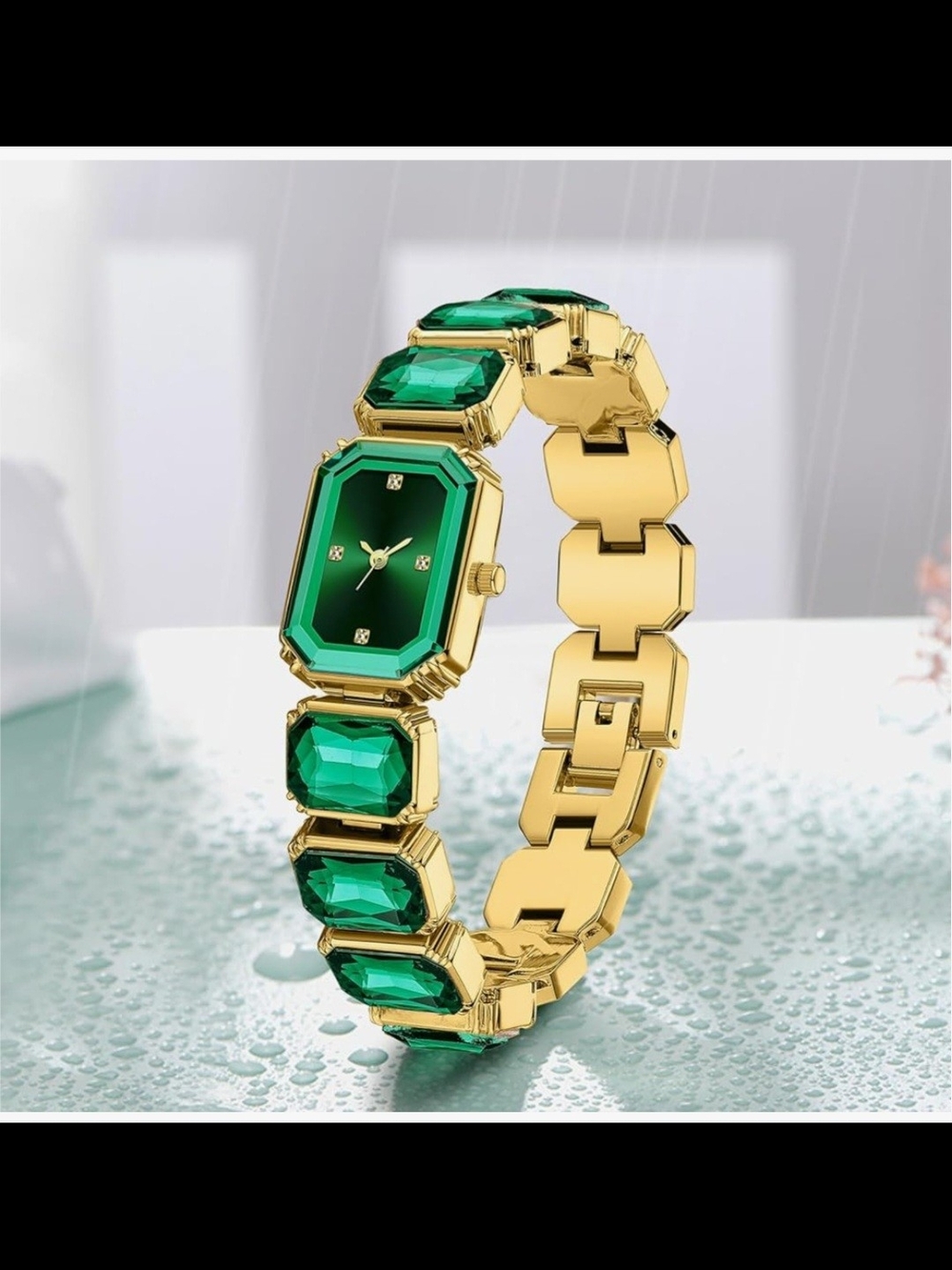 Emerald Green Gemstone Bracelet Watch - Gold Tone